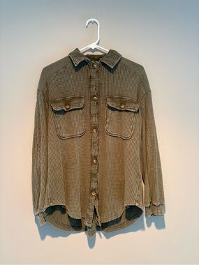 SO Olive Green Waffle Knit Button Up